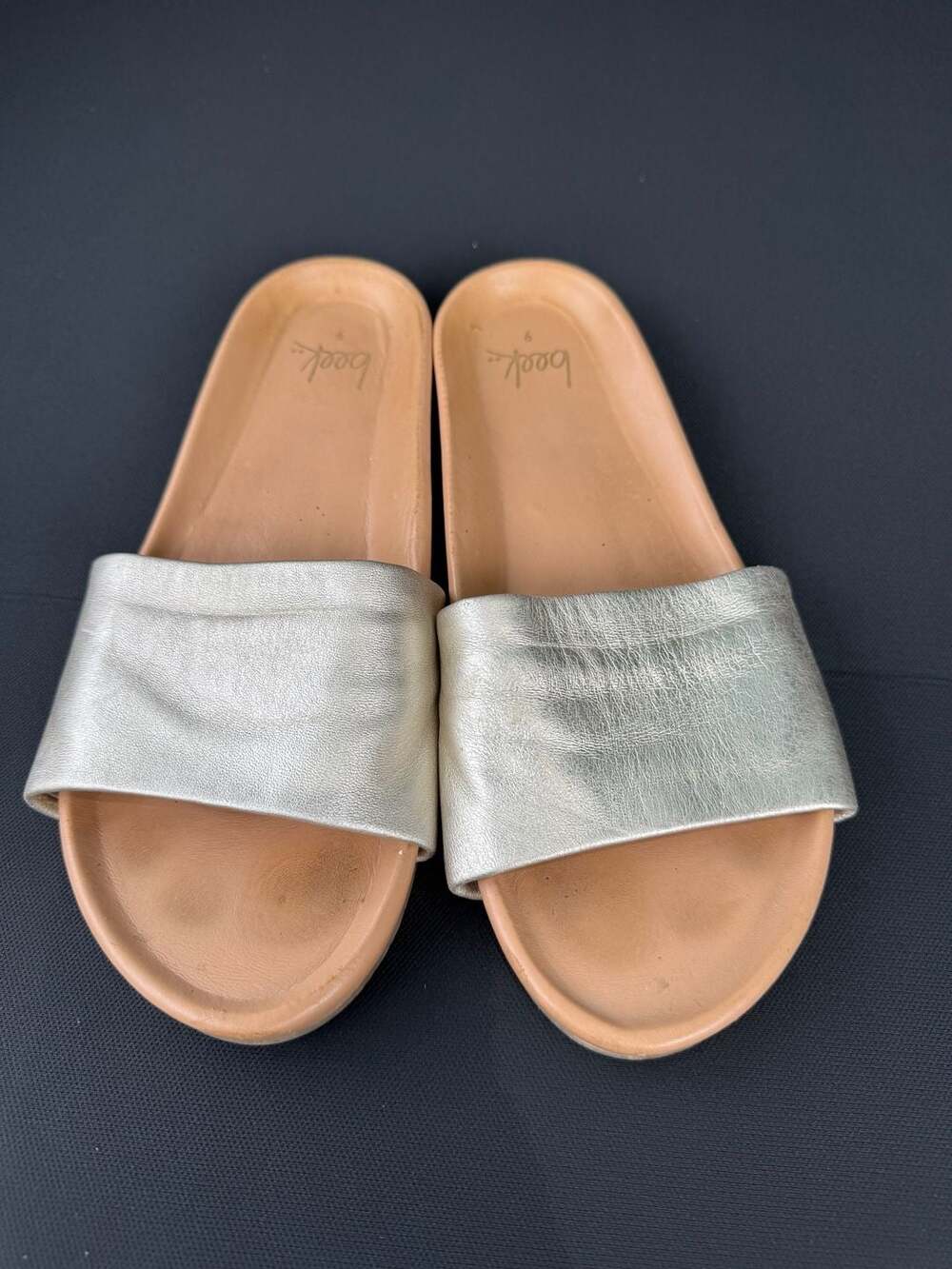 Beek Metallic Silver Leather Slide Sandals Size 9